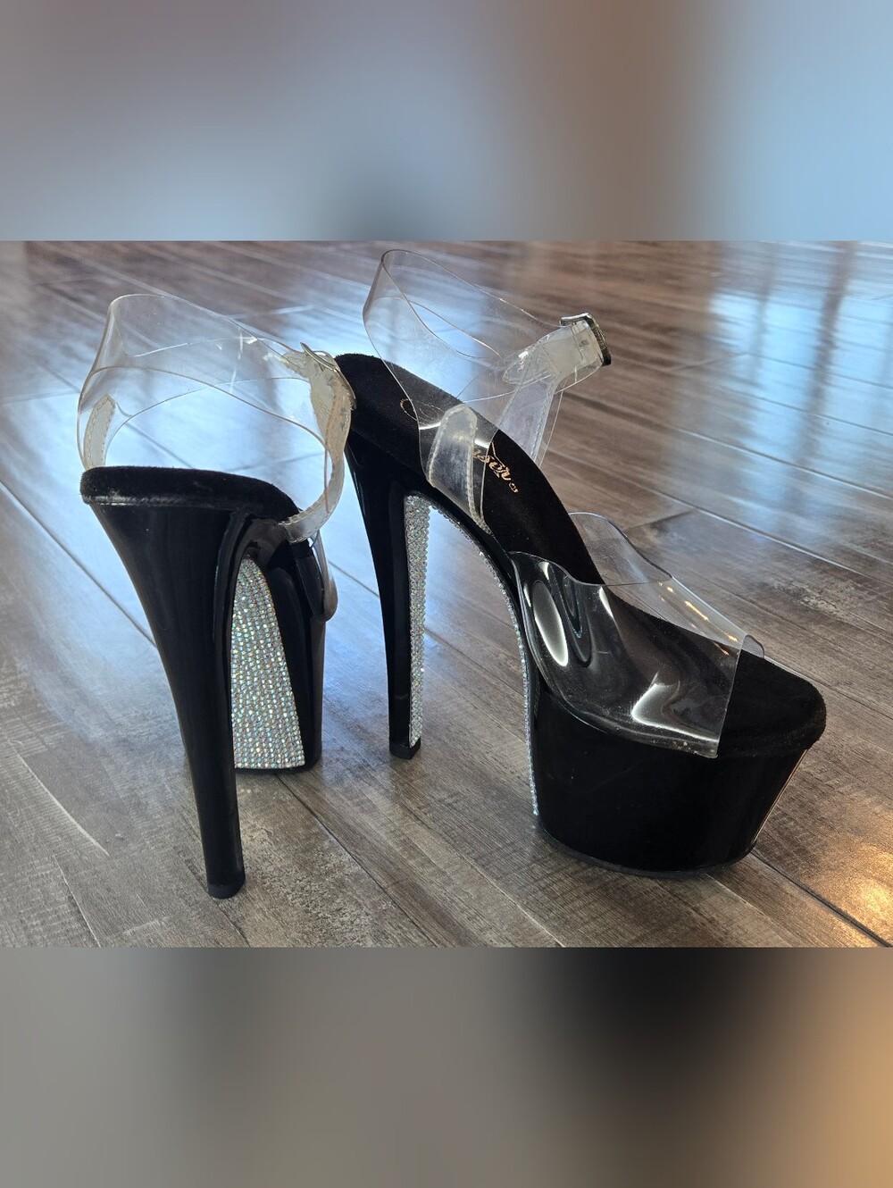 PLEASER Black with Clear Straps Platform Heels Rhinestone in Women's Size 7